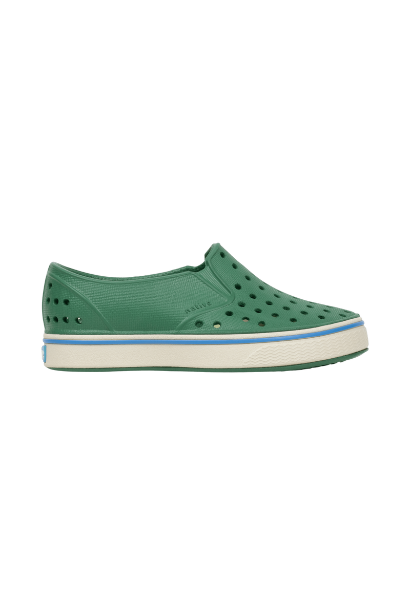 Angled view of a Native Shoes Kids Miles Kids | Hntrgr/Bnwht Footwear in Hntrgr/Bnwht
