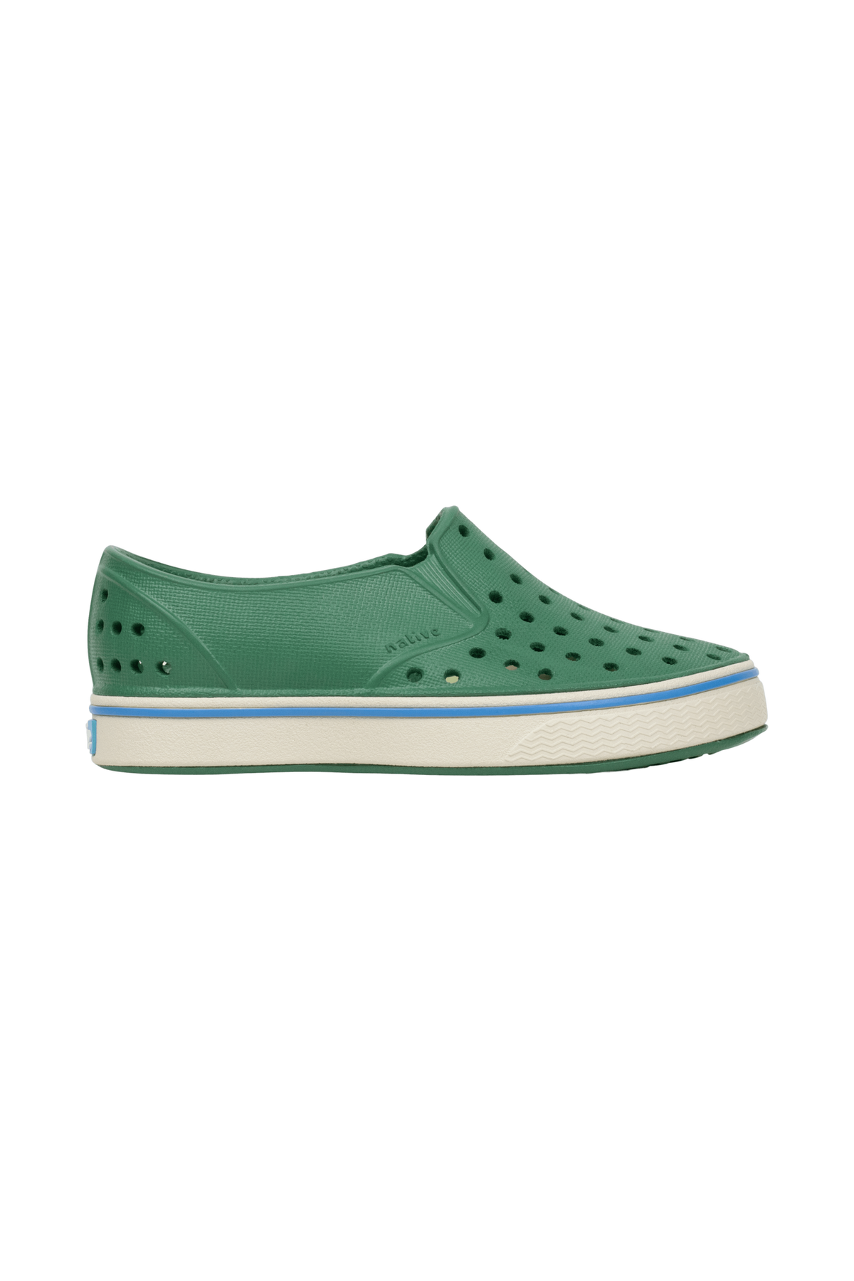 Angled view of a Native Shoes Kids Miles Kids | Hntrgr/Bnwht Footwear in Hntrgr/Bnwht