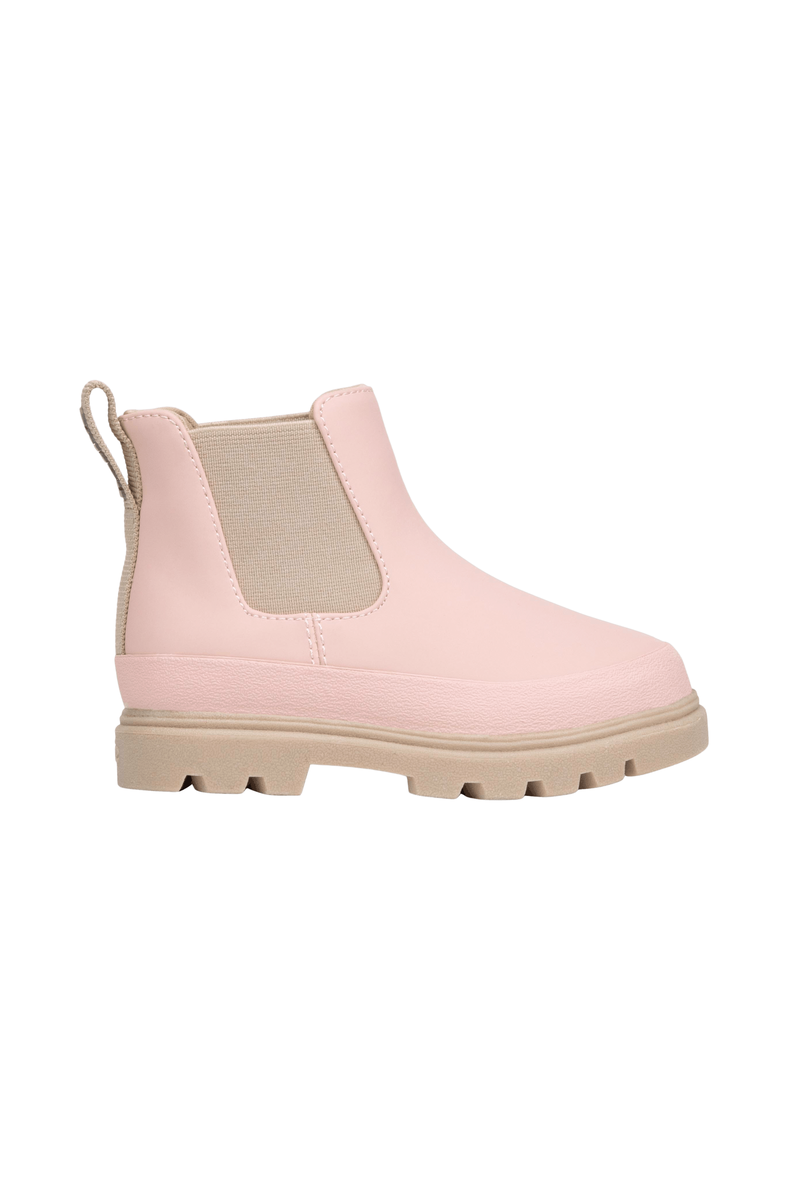 Side view of a Native Shoes Kids Kensington Chelsea Kids Footwear in Chameleon Pink / Flax Tan