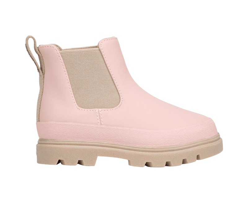Side view of a Native Shoes Kids Kensington Chelsea Kids Footwear in Chameleon Pink / Flax Tan