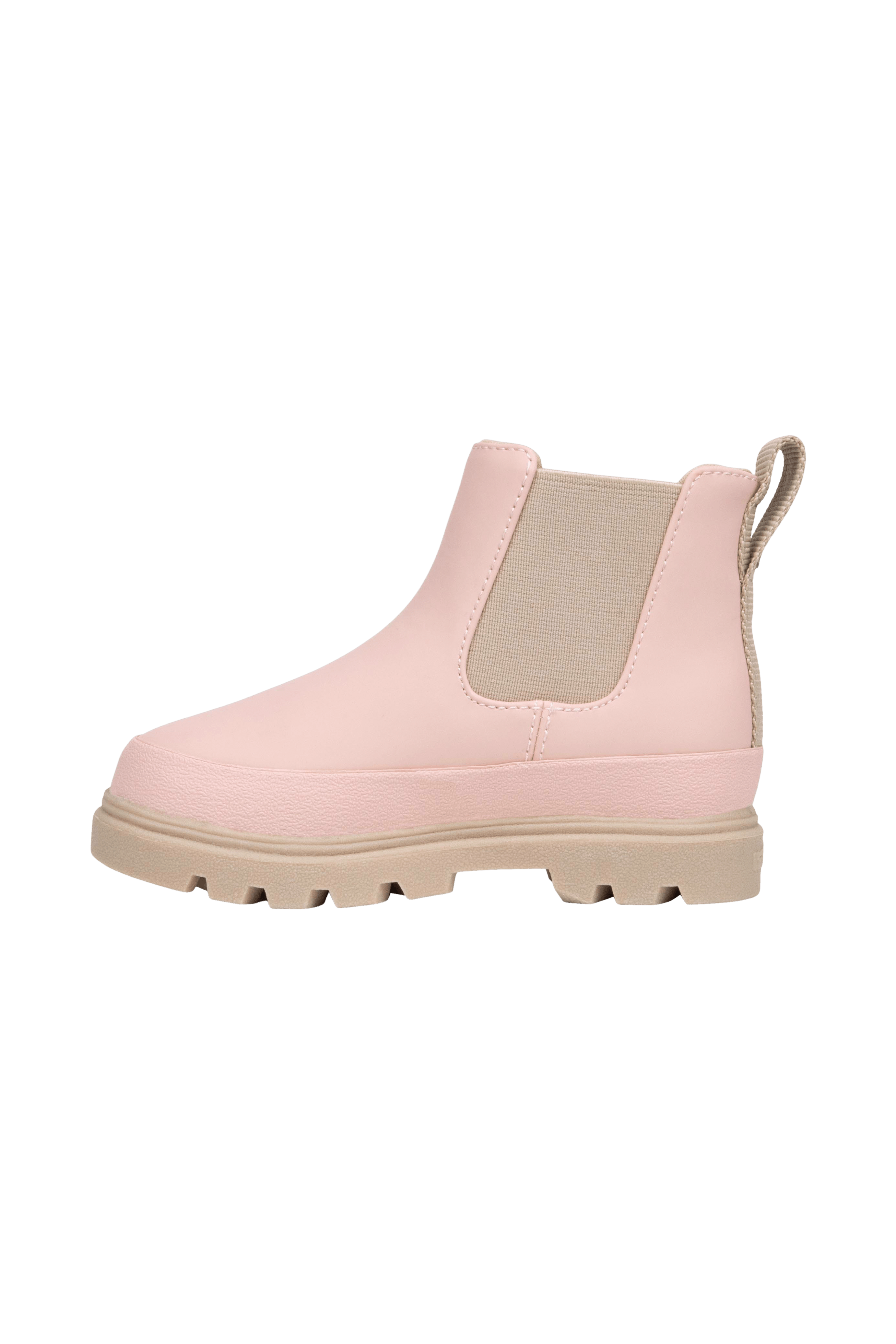 Angled view of a Native Shoes Kids Kensington Chelsea Kids | Chameleon Pink / Flax Tan Footwear in Chameleon Pink / Flax Tan