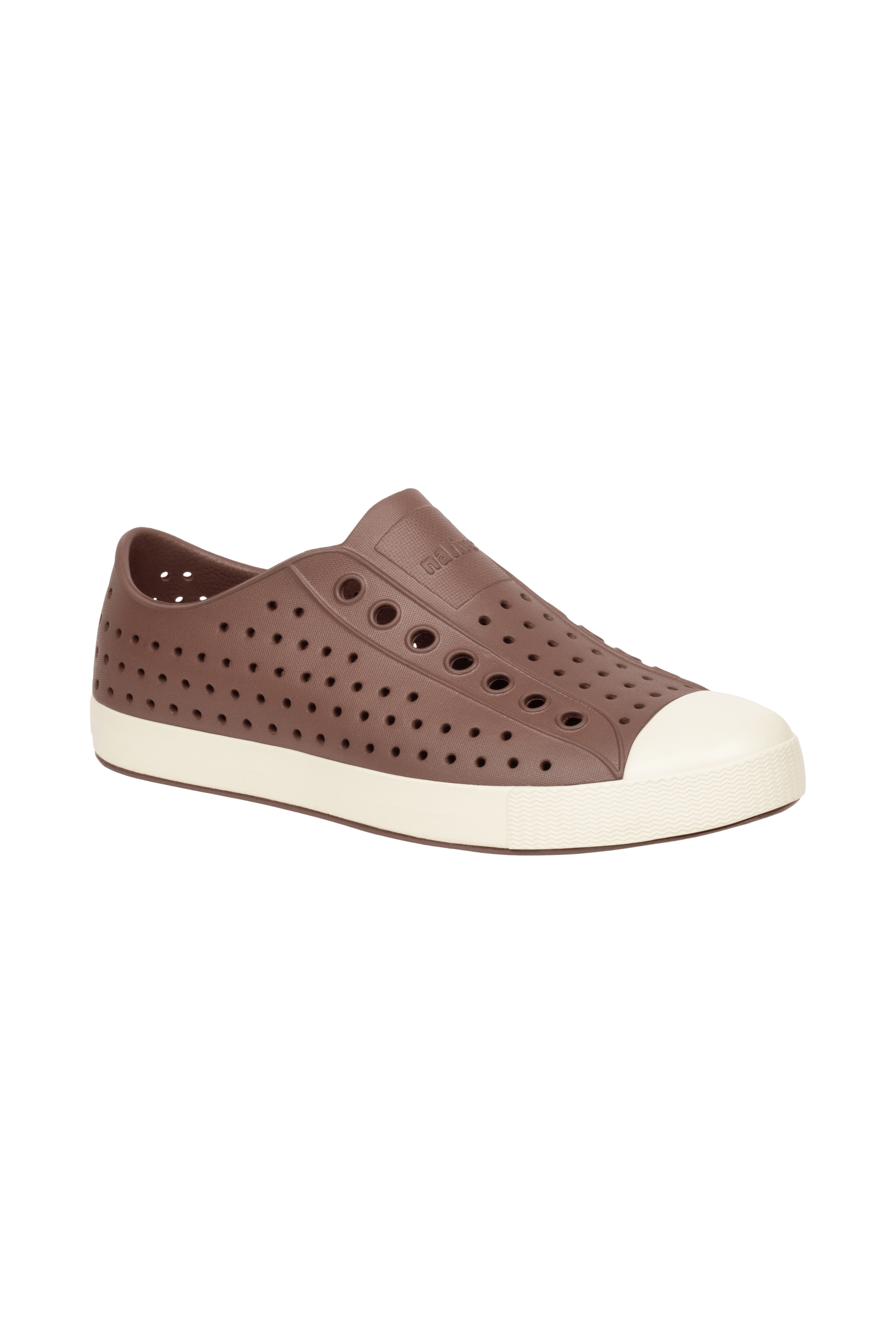 Angled view of a Native Shoes™ Adults Jefferson Footwear in Bitter Brown / Bone White
