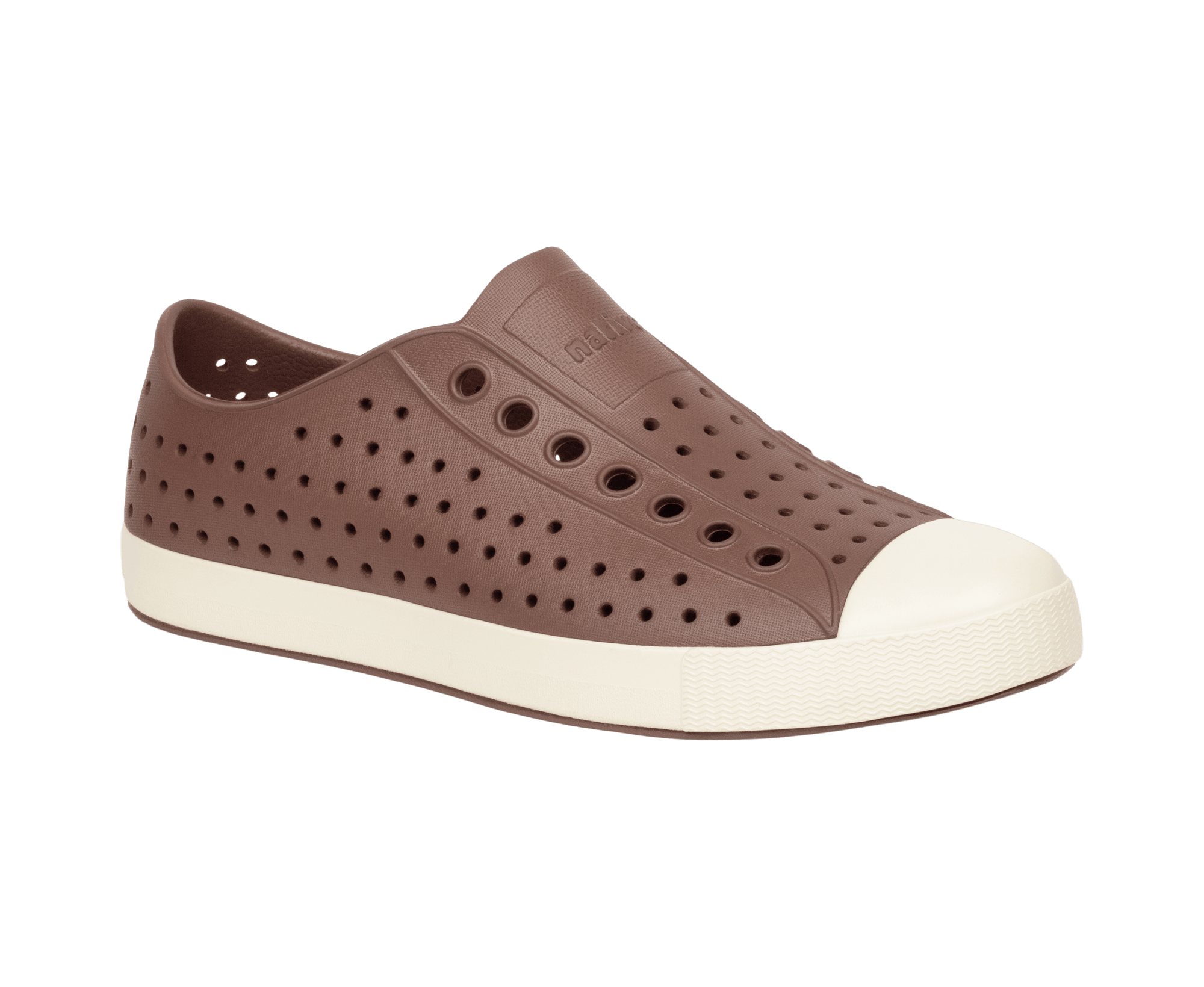 Angled view of a Native Shoes™ Adults Jefferson Footwear in Bitter Brown / Bone White