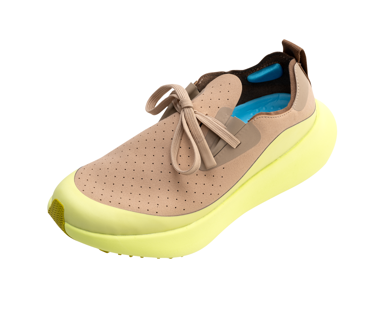 Angled view of a Native Shoes Apollo 10 Roam | Flax Tan / Peaceful Green Footwear in Flax Tan / Peaceful Green