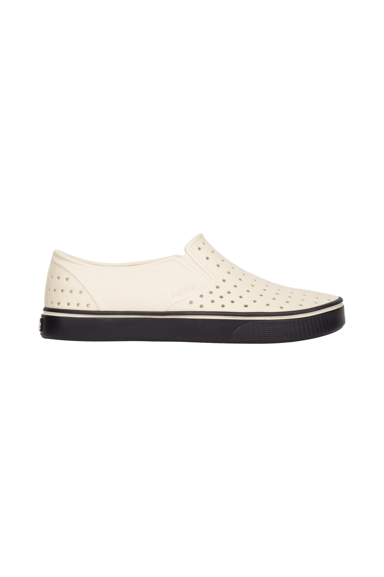 Side view of a Native Shoes Adults Miles Wanderfoam Footwear in Bnwht/Jfyblk