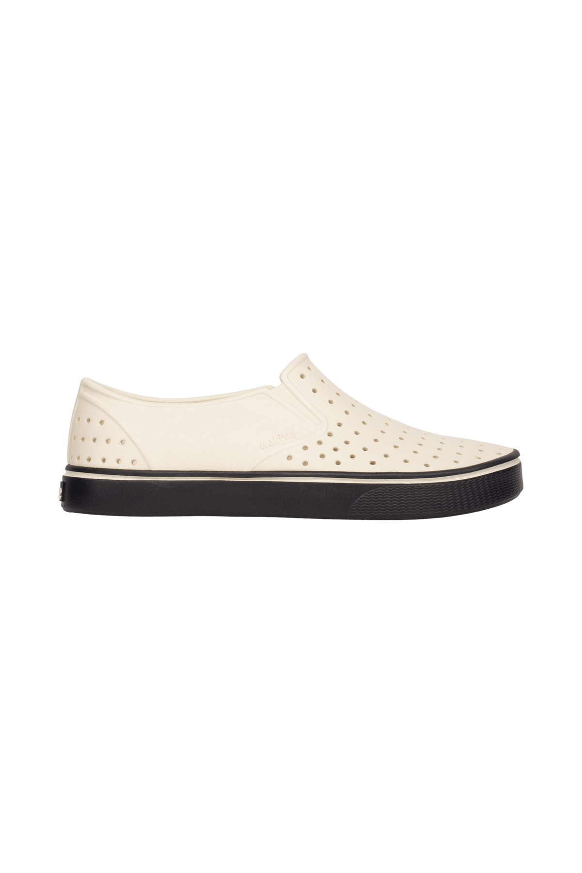 Side view of a Native Shoes Adults Miles Wanderfoam Footwear in Bnwht/Jfyblk