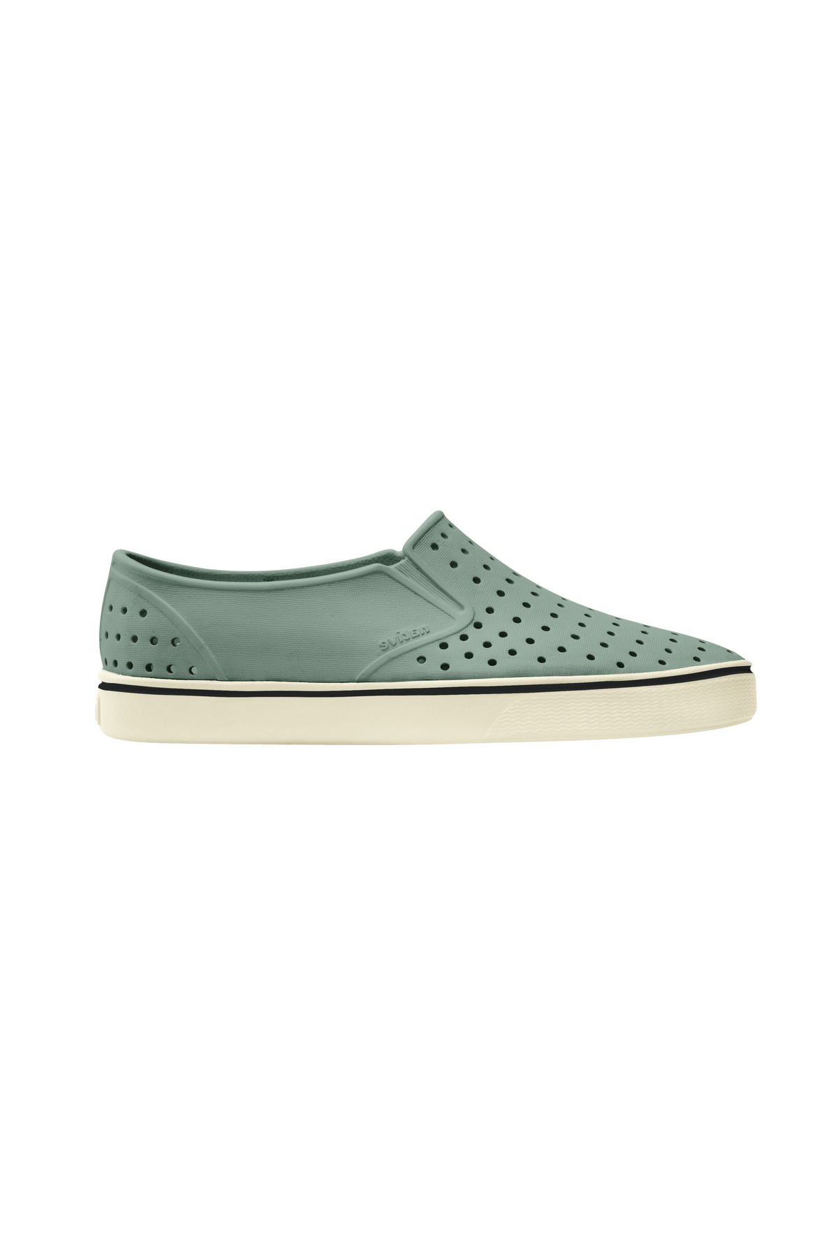 Side view of a Native Shoes Adults Miles Wanderfoam Footwear in Relax Green / Bone White