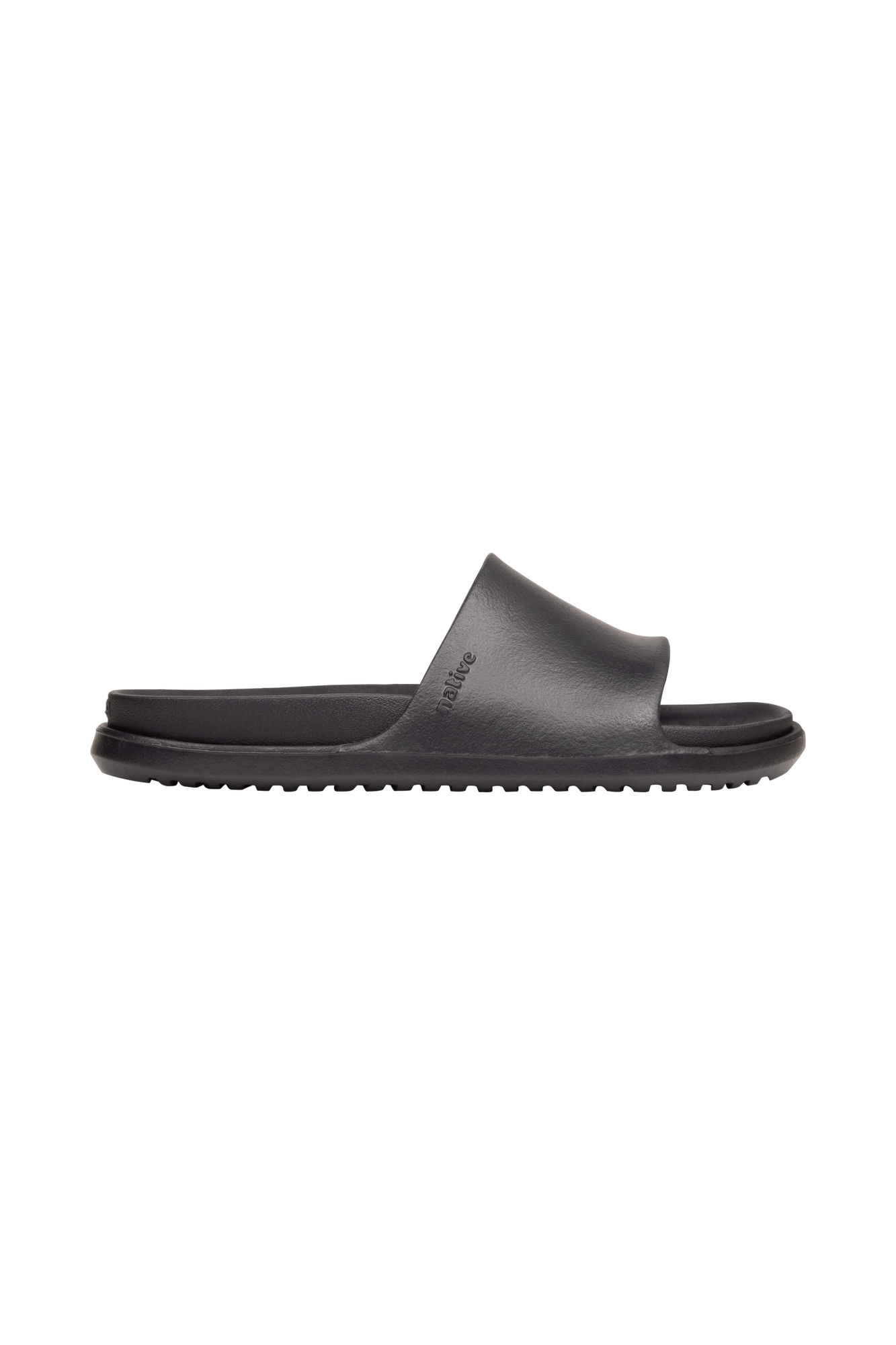 Side view of a Native Shoes Adults Spencer Lx Wanderfoam Footwear in Jiffy Black / Jiffy Black