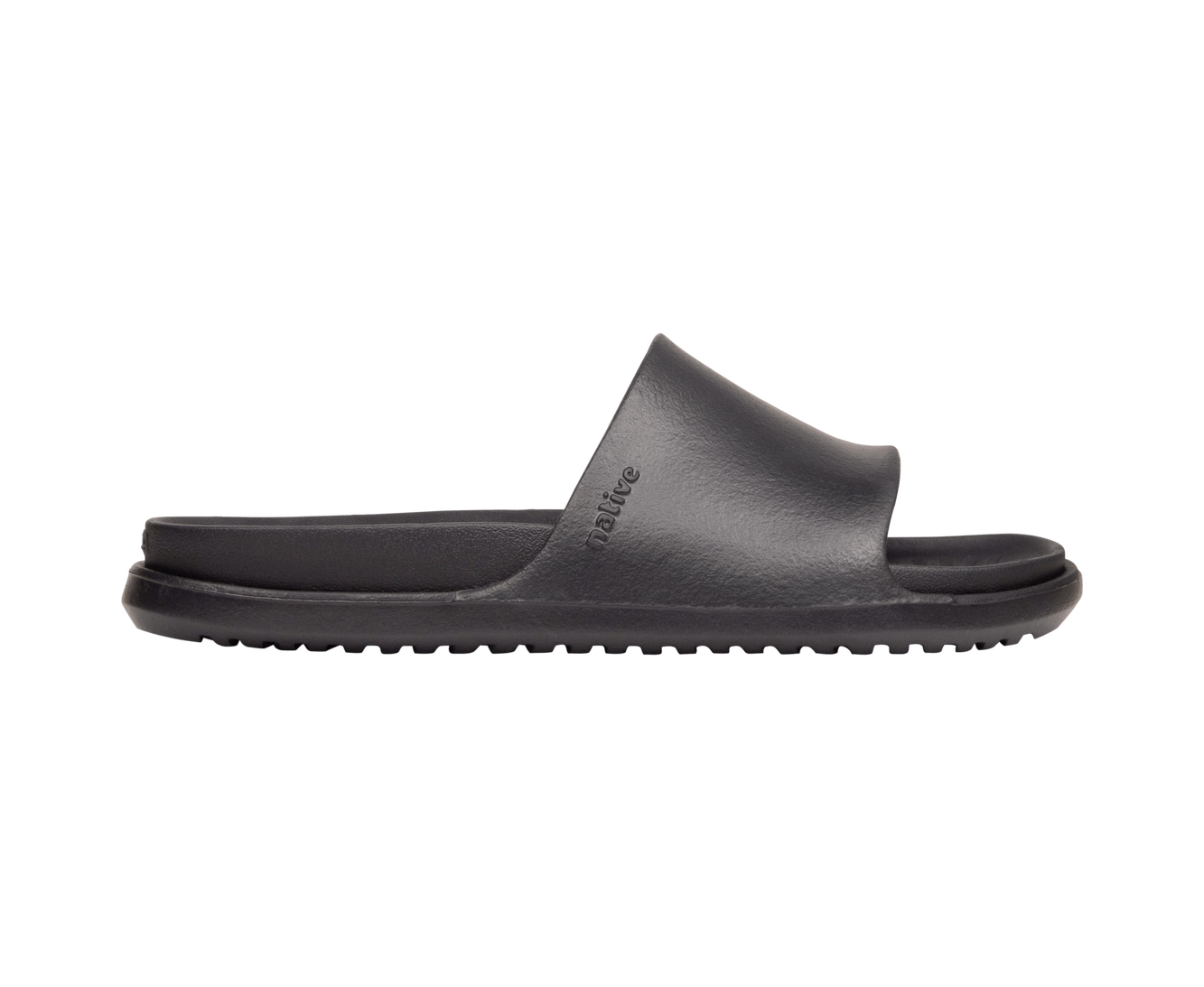 Side view of a Native Shoes Adults Spencer Lx Wanderfoam Footwear in Jiffy Black / Jiffy Black