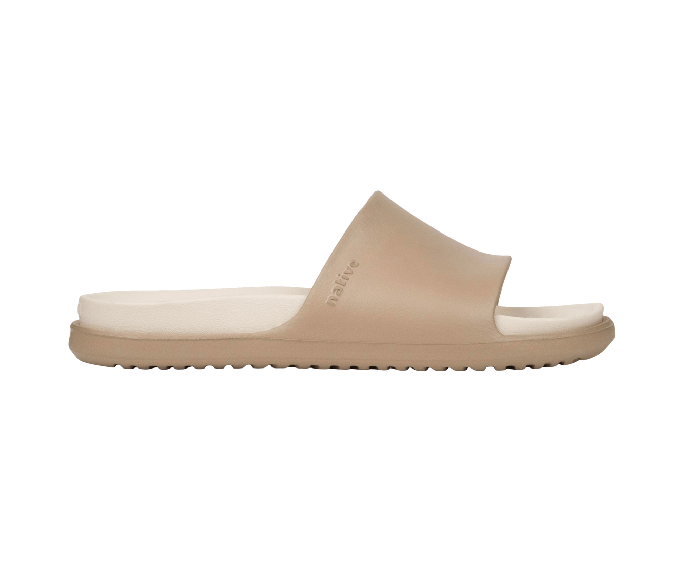 Side view of a Native Shoes Adults Spencer Lx Wanderfoam Footwear in Flax Tan / Bone White