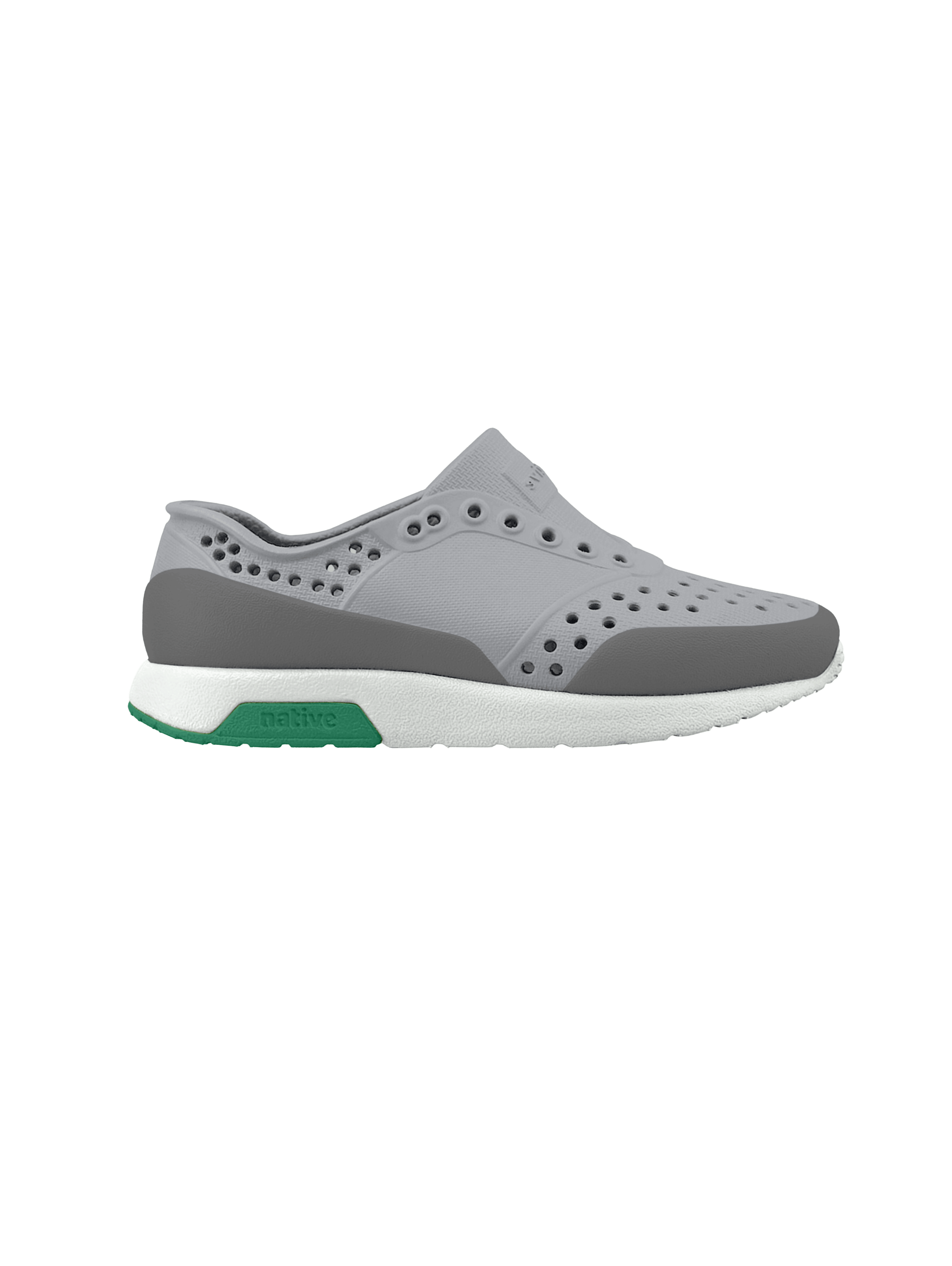 Side view of a Native Shoes Adults Lennox Wanderfoam Block Footwear in Mist Grey / Shell White / Satellite Alpine