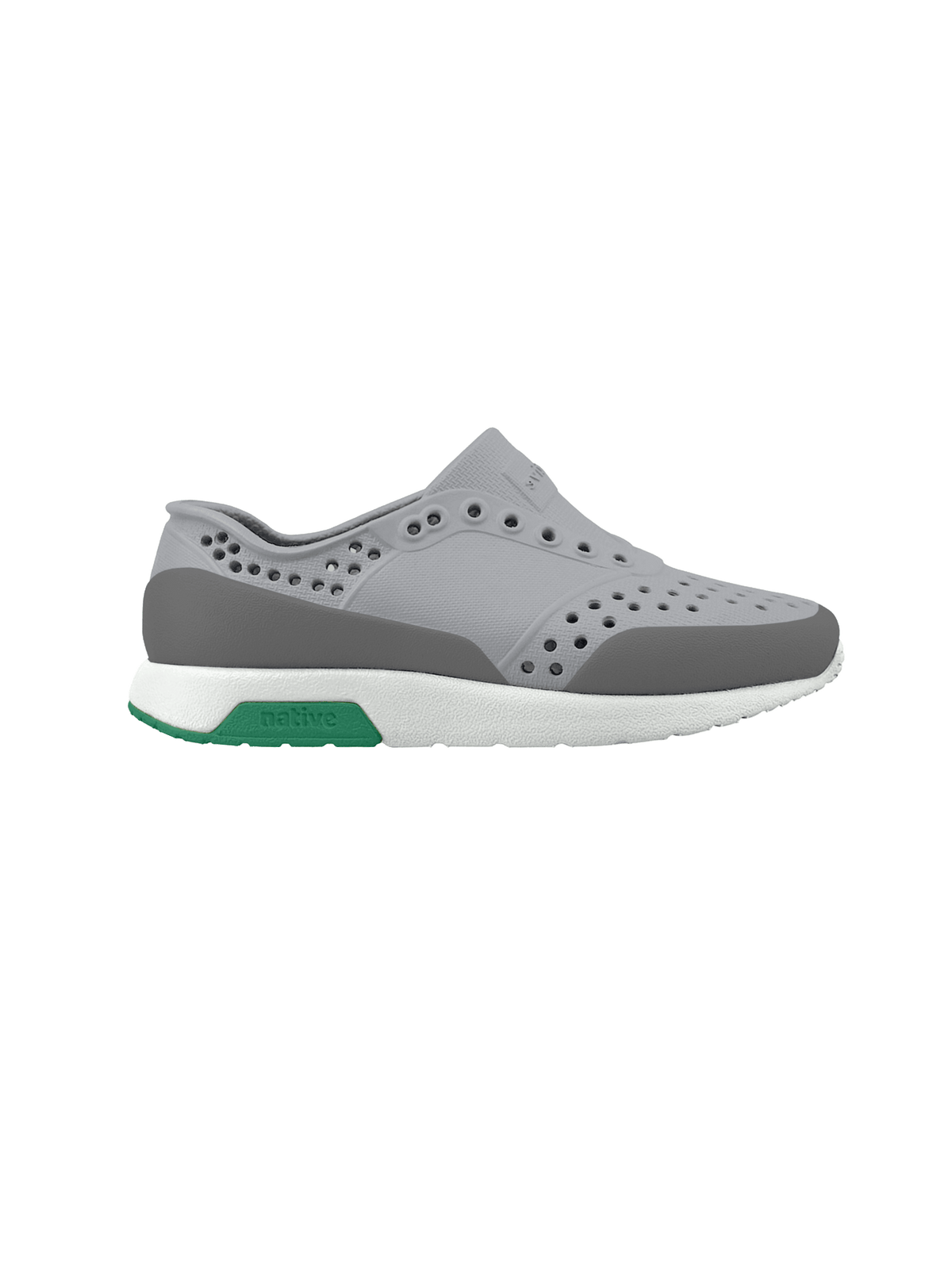 Side view of a Native Shoes Adults Lennox Wanderfoam Block Footwear in Mist Grey / Shell White / Satellite Alpine