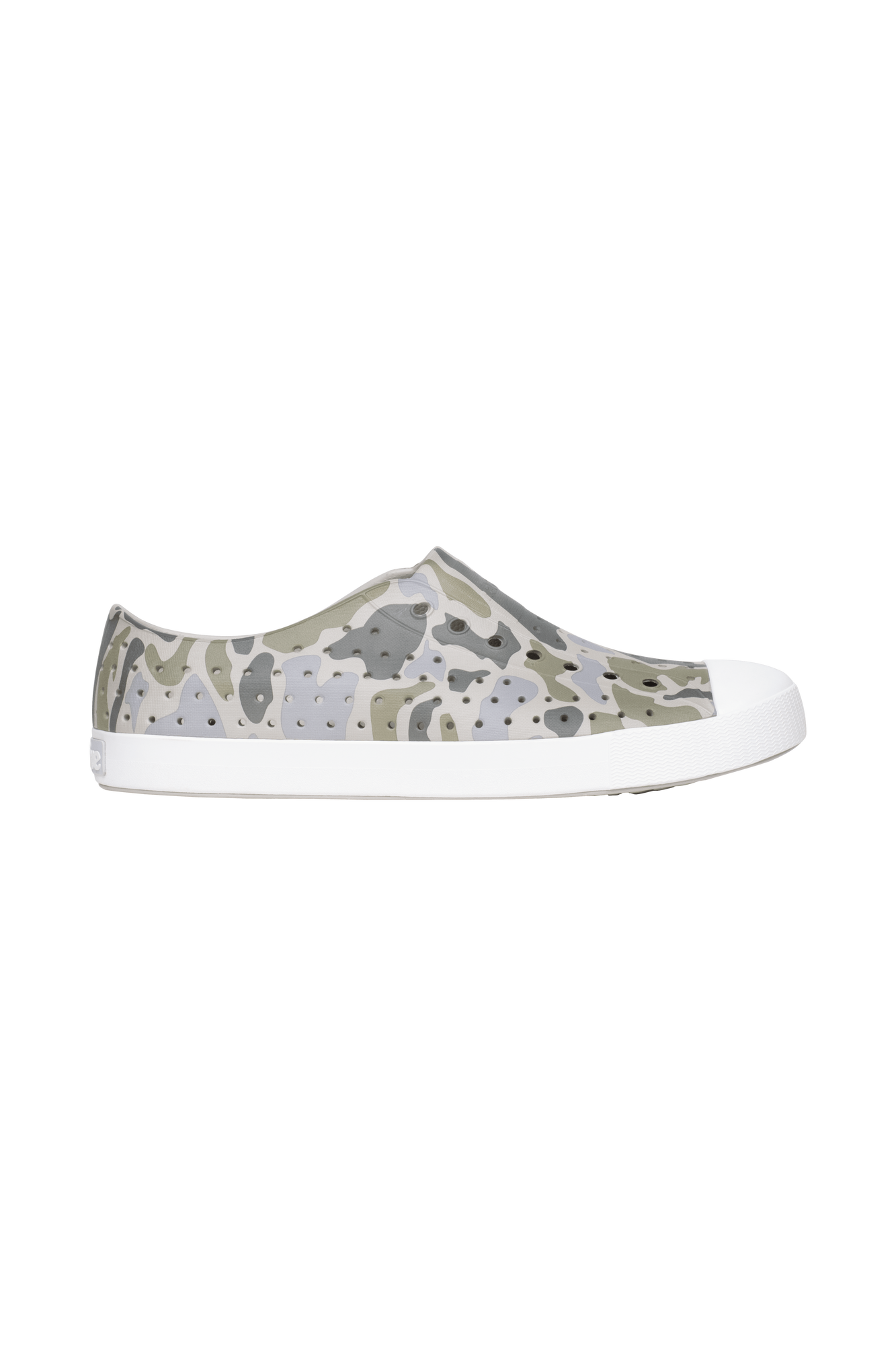Side view of a Native Shoes Adults Jefferson Wanderfoam Print Footwear in Slkgry/Shlwht/Vetcamo