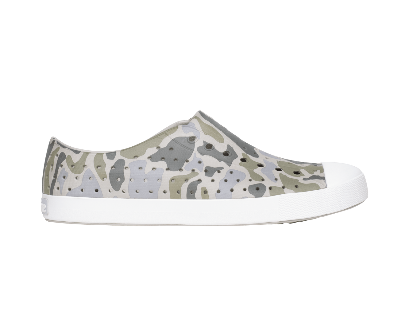 Side view of a Native Shoes Adults Jefferson Wanderfoam Print Footwear in Slkgry/Shlwht/Vetcamo