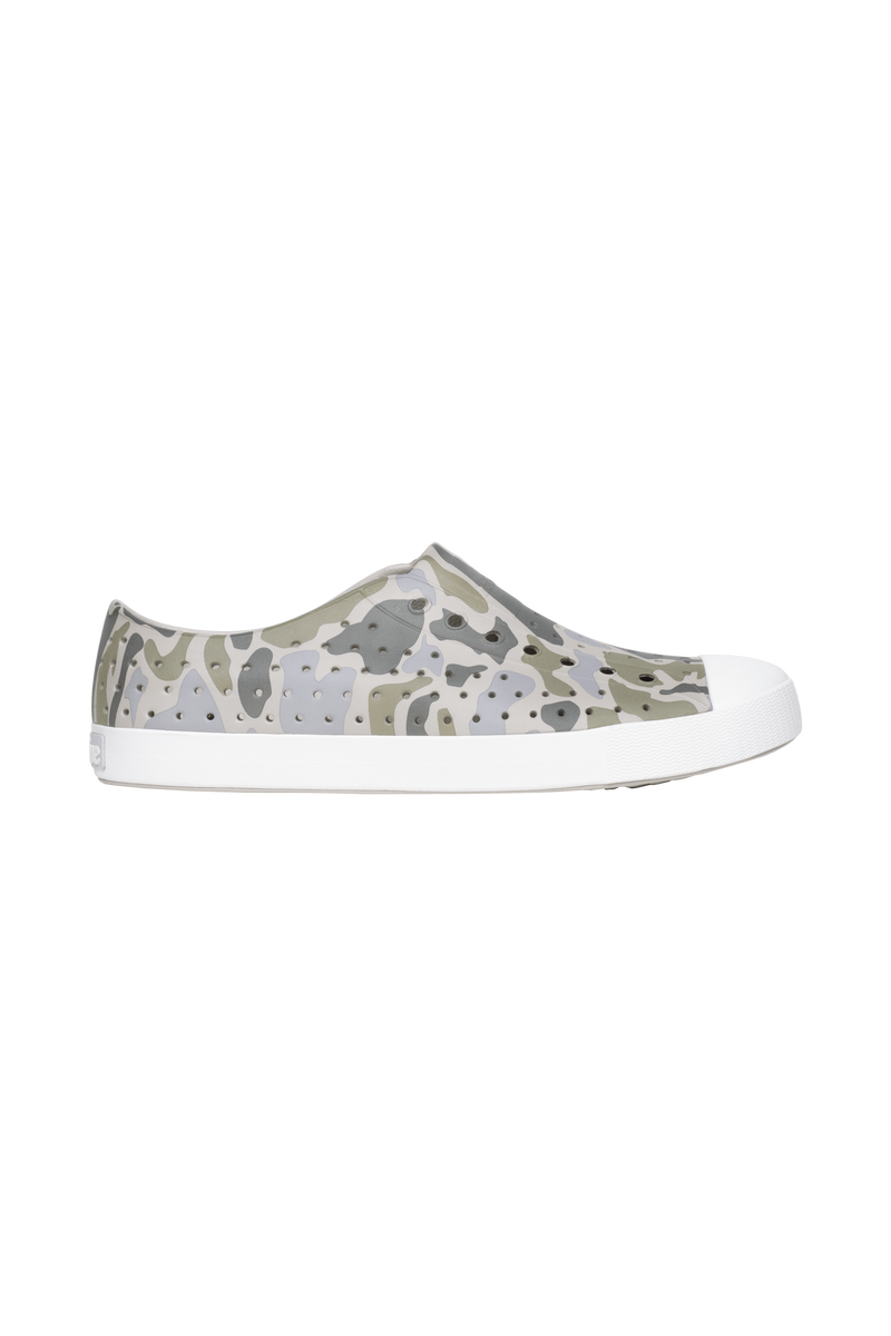 Side view of a Native Shoes Adults Jefferson Wanderfoam Print Footwear in Slkgry/Shlwht/Vetcamo
