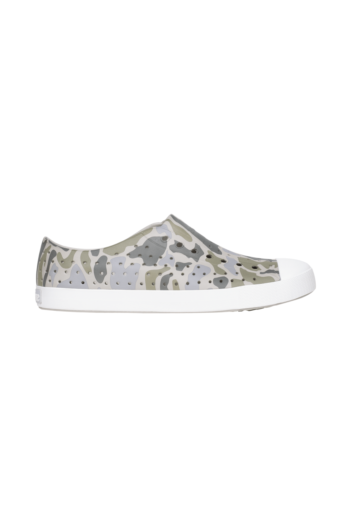 Side view of a Native Shoes Adults Jefferson Wanderfoam Print Footwear in Slkgry/Shlwht/Vetcamo