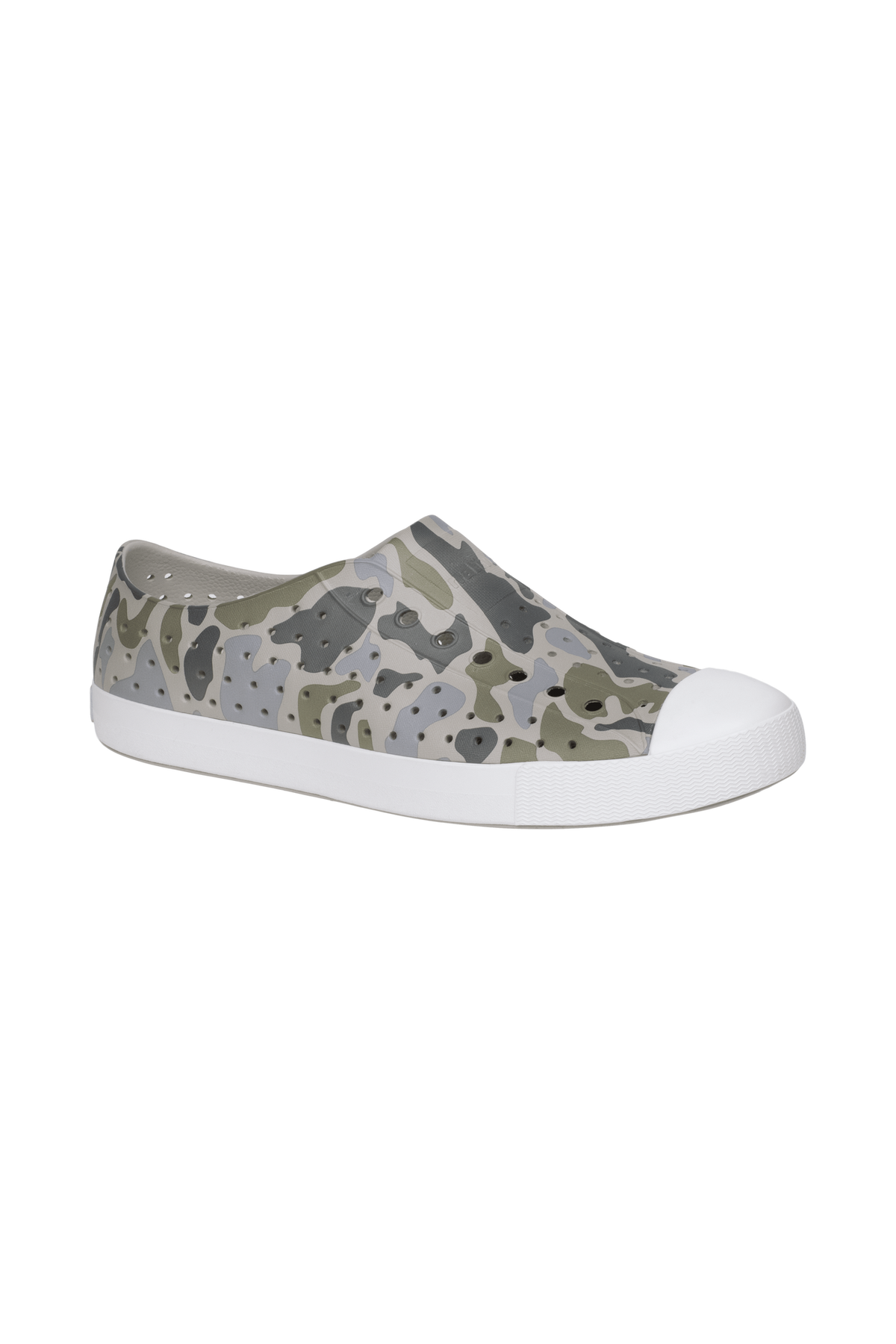 Bottom view of a Native Shoes Jefferson Wanderfoam Print | Slkgry/Shlwht/Vetcamo Footwear in Slkgry/Shlwht/Vetcamo