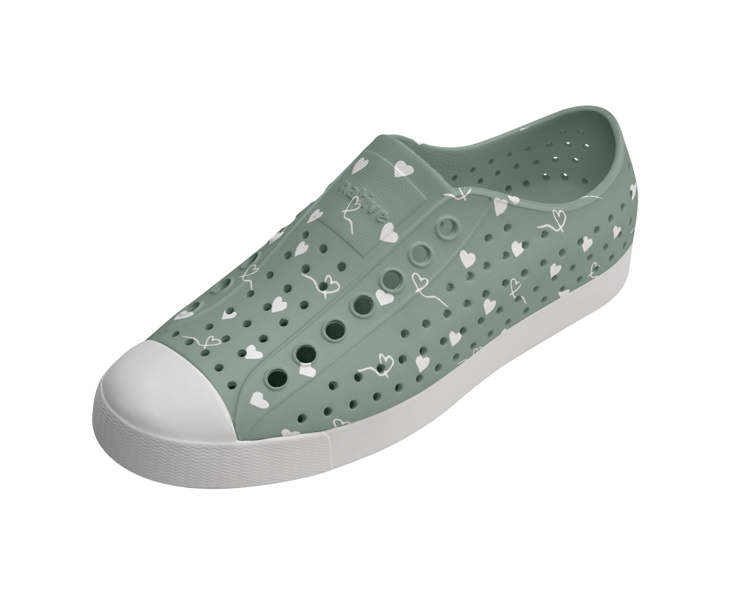 Angled view of a Native Shoes Jefferson Wanderfoam Print | Relax Green / Shell White / Freesia Star Badge Footwear in Relax Green / Shell White / Freesia Star Badge