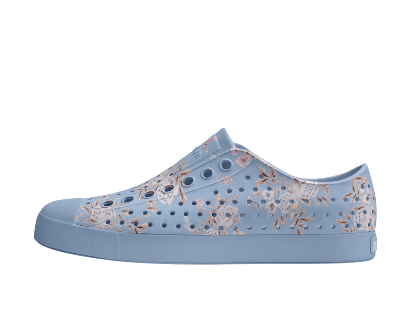 Side view of a Native Shoes Adults Jefferson Wanderfoam Print Footwear in Dawn Blue / Skyway Trans / Floral