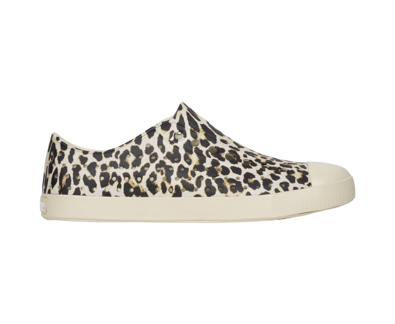 Side view of a Native Shoes Adults Jefferson Wanderfoam Print Footwear in Bnwht/Bnwht/Leopard