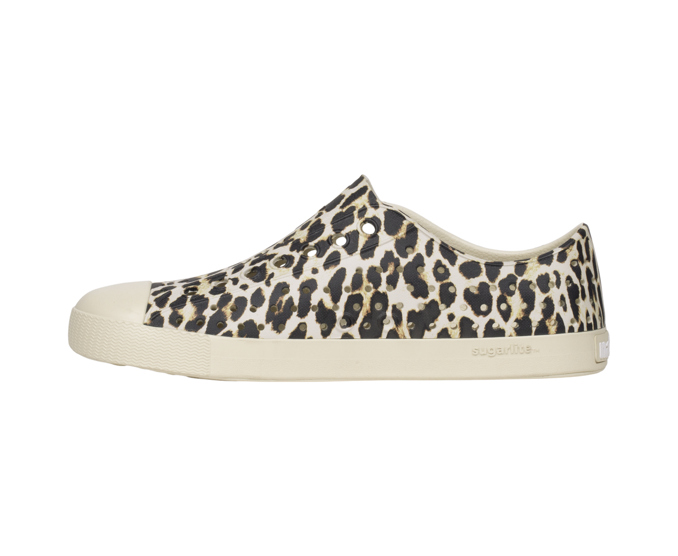 Angled view of a Native Shoes Jefferson Wanderfoam Print | Bnwht/Bnwht/Leopard Footwear in Bnwht/Bnwht/Leopard