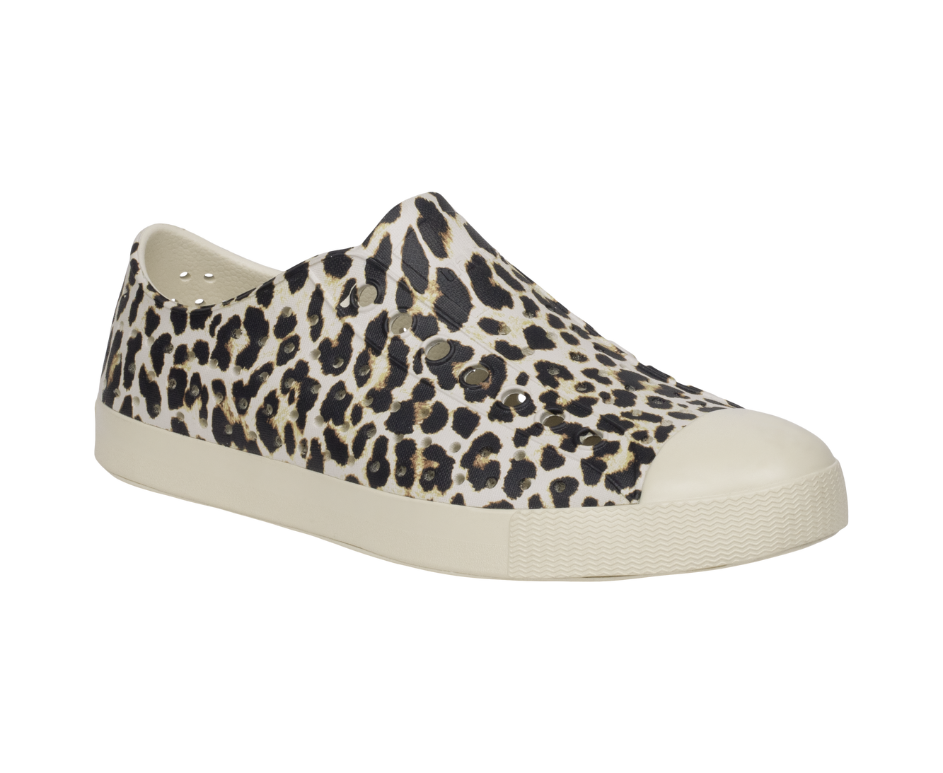Bottom view of a Native Shoes Jefferson Wanderfoam Print | Bnwht/Bnwht/Leopard Footwear in Bnwht/Bnwht/Leopard