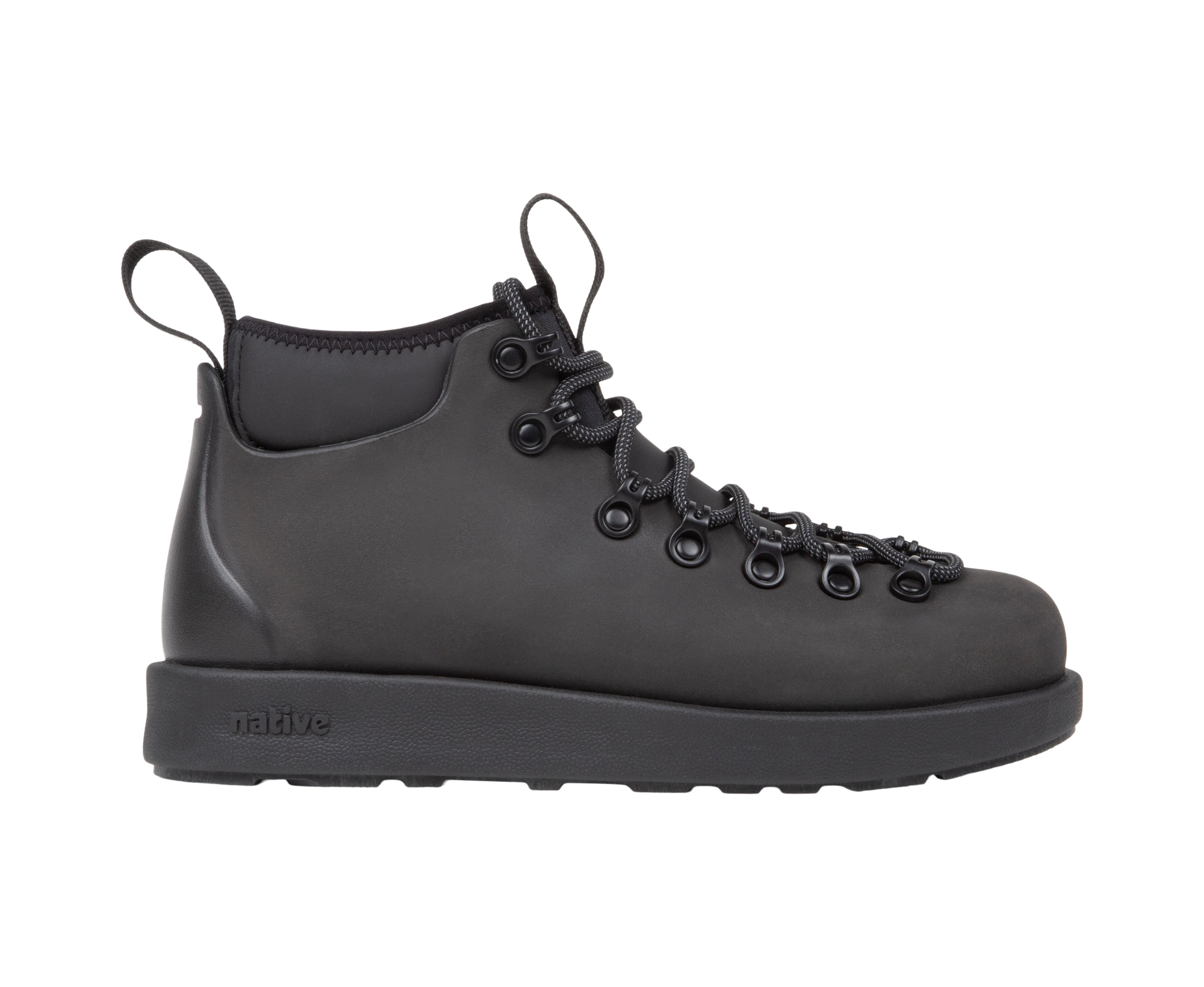 Side view of a Native Shoes Adults Fitzsimmons Venture Footwear in Jiffy Black / Jiffy Black