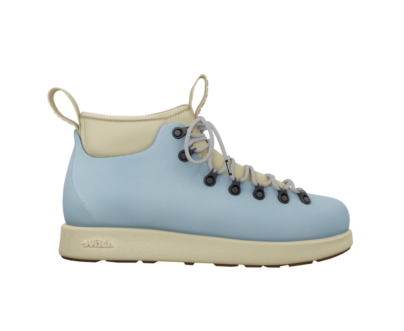 Side view of a Native Shoes Adults Fitzsimmons Venture Footwear in Air Blue / Tapioca Off White