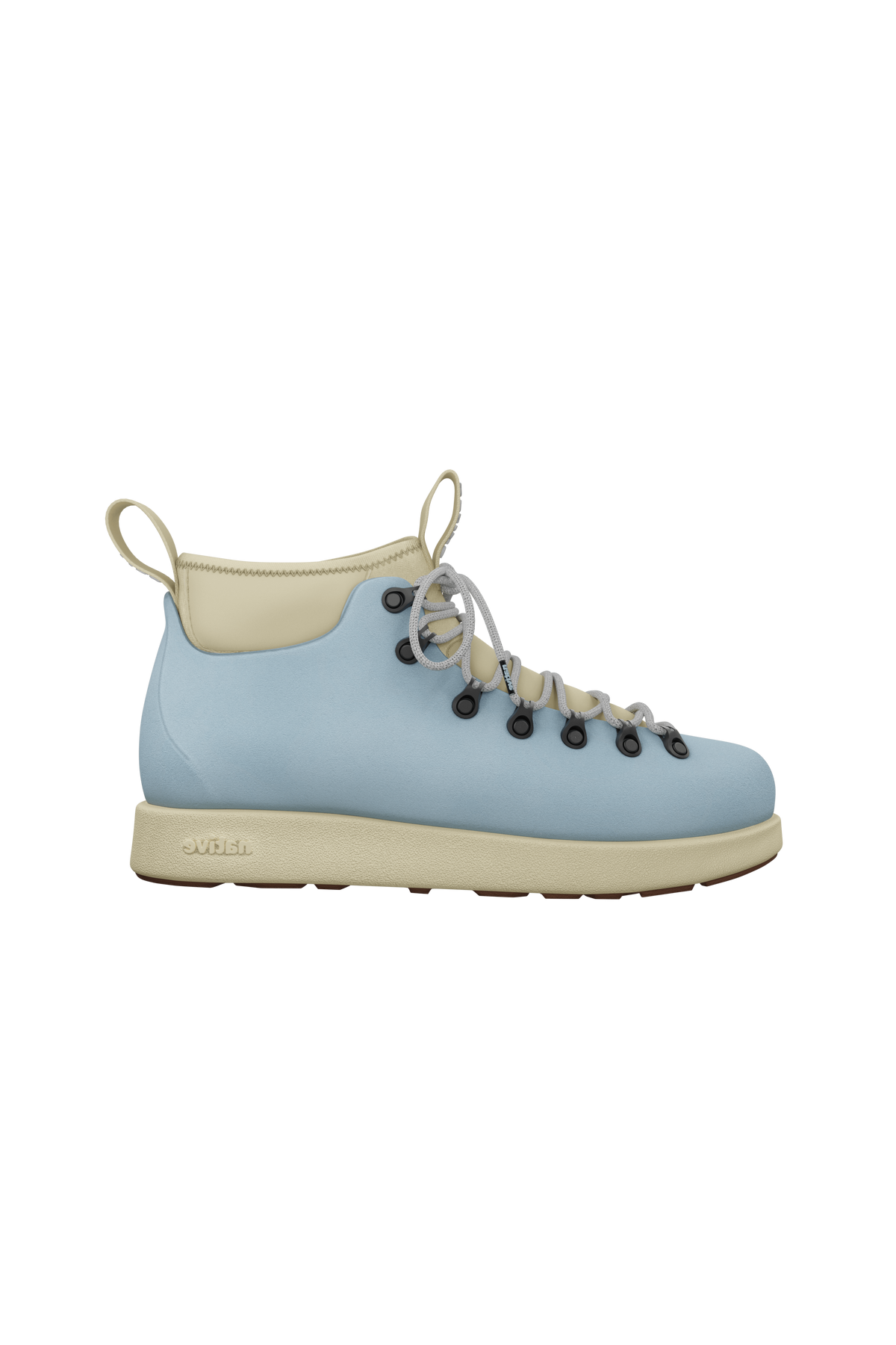 Side view of a Native Shoes Adults Fitzsimmons Venture Footwear in Air Blue / Tapioca Off White