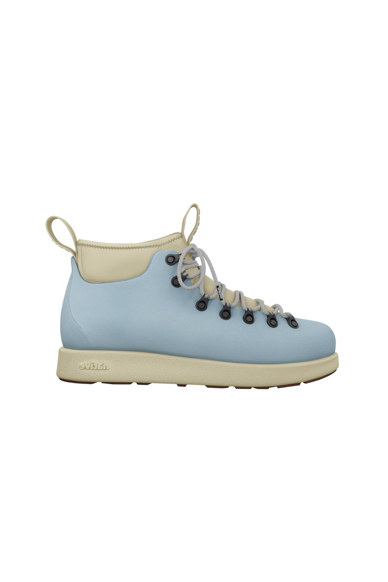 Side view of a Native Shoes Adults Fitzsimmons Venture Footwear in Air Blue / Tapioca Off White