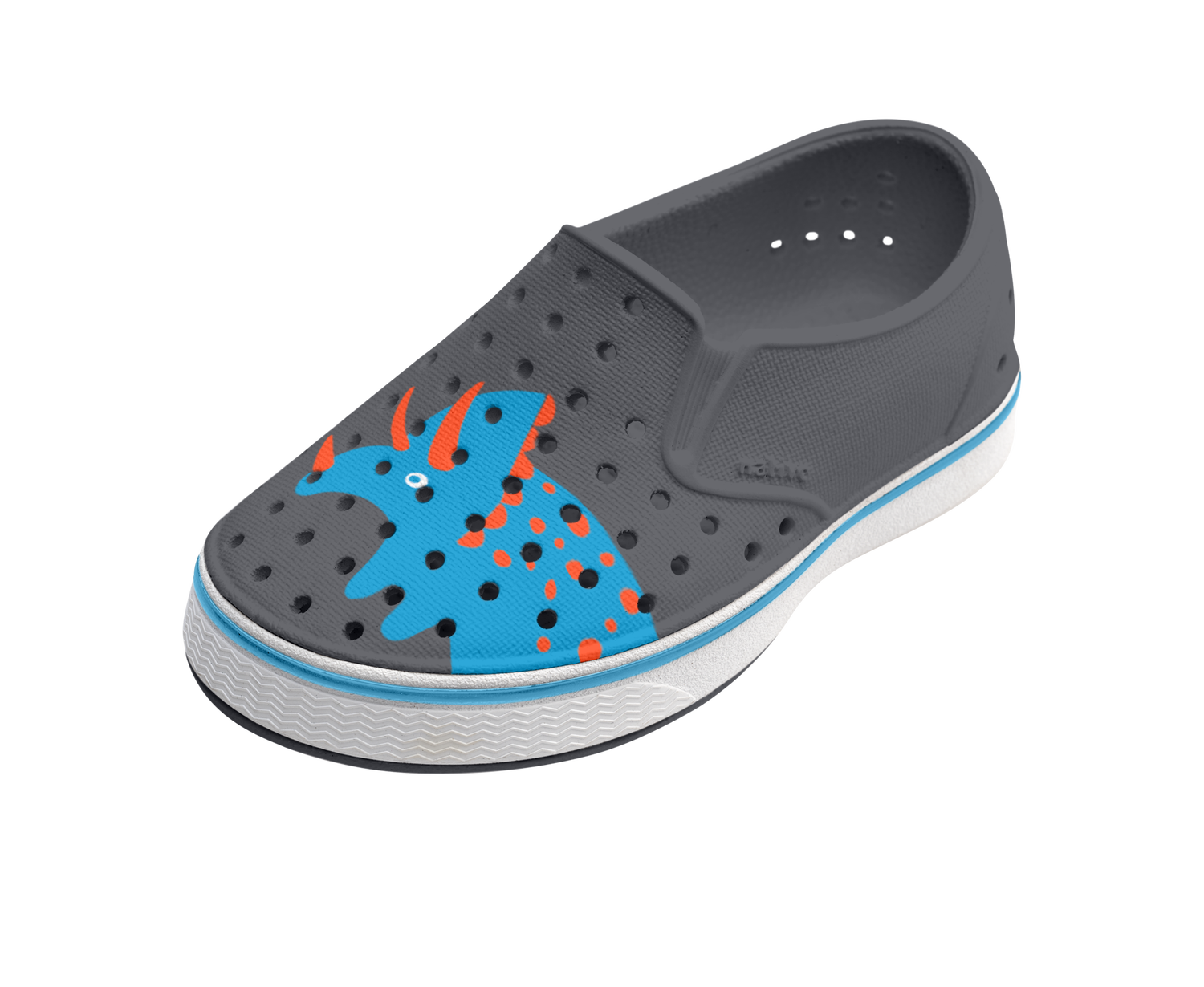 Angled view of a Native Shoes Kids Miles Block Kids | Gravity Grey / Shell White / Dinosaur Block Footwear in Gravity Grey / Shell White / Dinosaur Block