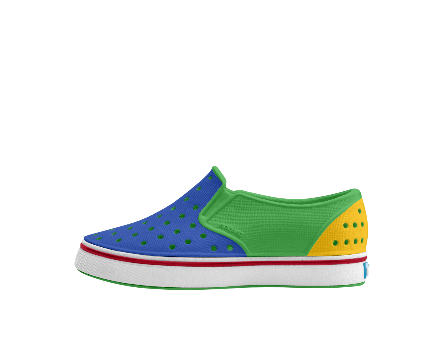 Side view of a Native Shoes Kids Miles Block Kids Footwear in Hilly Green / Shell White / Uv Freesia Block
