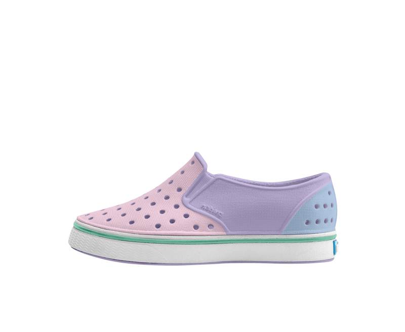 Side view of a Native Shoes Kids Miles Block Kids Footwear in Taro Purple / Shell White / Barely Skyway Block