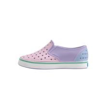 Side view of a Native Shoes Kids Miles Block Kids Footwear in Taro Purple / Shell White / Barely Skyway Block