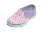 Angled view of a Native Shoes Kids Miles Block Kids | Taro Purple / Shell White / Barely Skyway Block Footwear in Taro Purple / Shell White / Barely Skyway Block