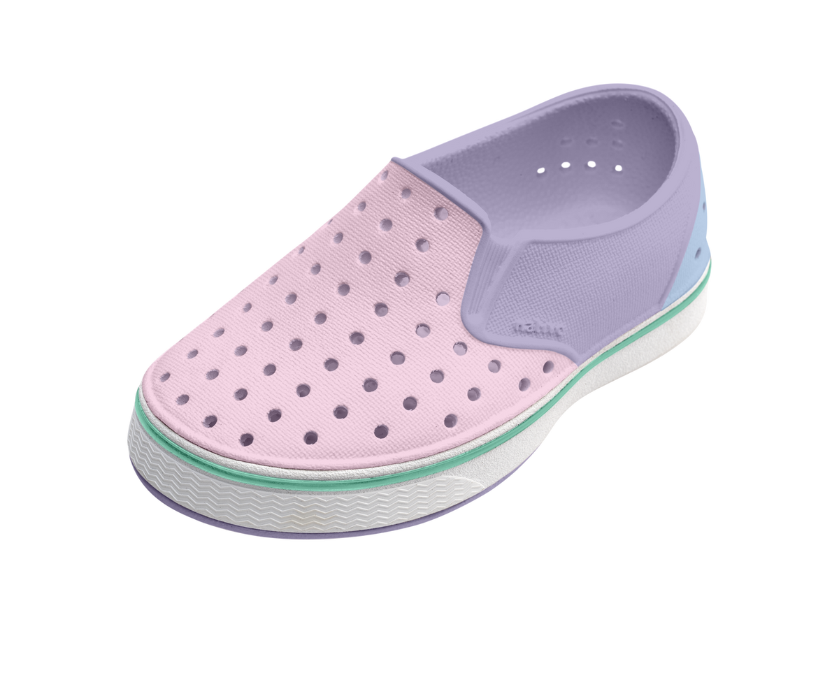 Angled view of a Native Shoes Kids Miles Block Kids | Taro Purple / Shell White / Barely Skyway Block Footwear in Taro Purple / Shell White / Barely Skyway Block