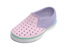 Angled view of a Native Shoes Kids Miles Block Kids | Taro Purple / Shell White / Barely Skyway Block Footwear in Taro Purple / Shell White / Barely Skyway Block