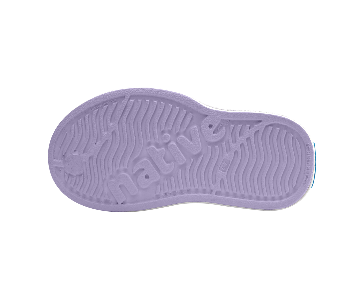 Bottom view of a Native Shoes Kids Miles Block Kids | Taro Purple / Shell White / Barely Skyway Block Footwear in Taro Purple / Shell White / Barely Skyway Block