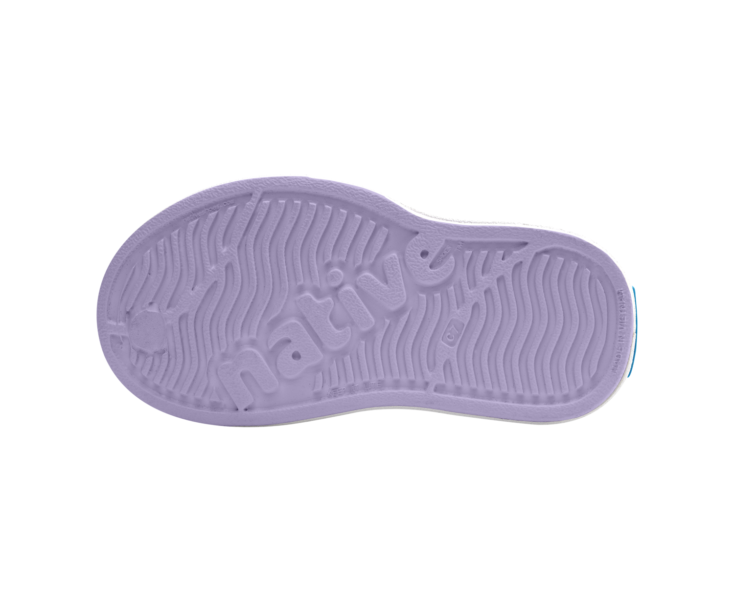 Bottom view of a Native Shoes Kids Miles Block Kids | Taro Purple / Shell White / Barely Skyway Block Footwear in Taro Purple / Shell White / Barely Skyway Block
