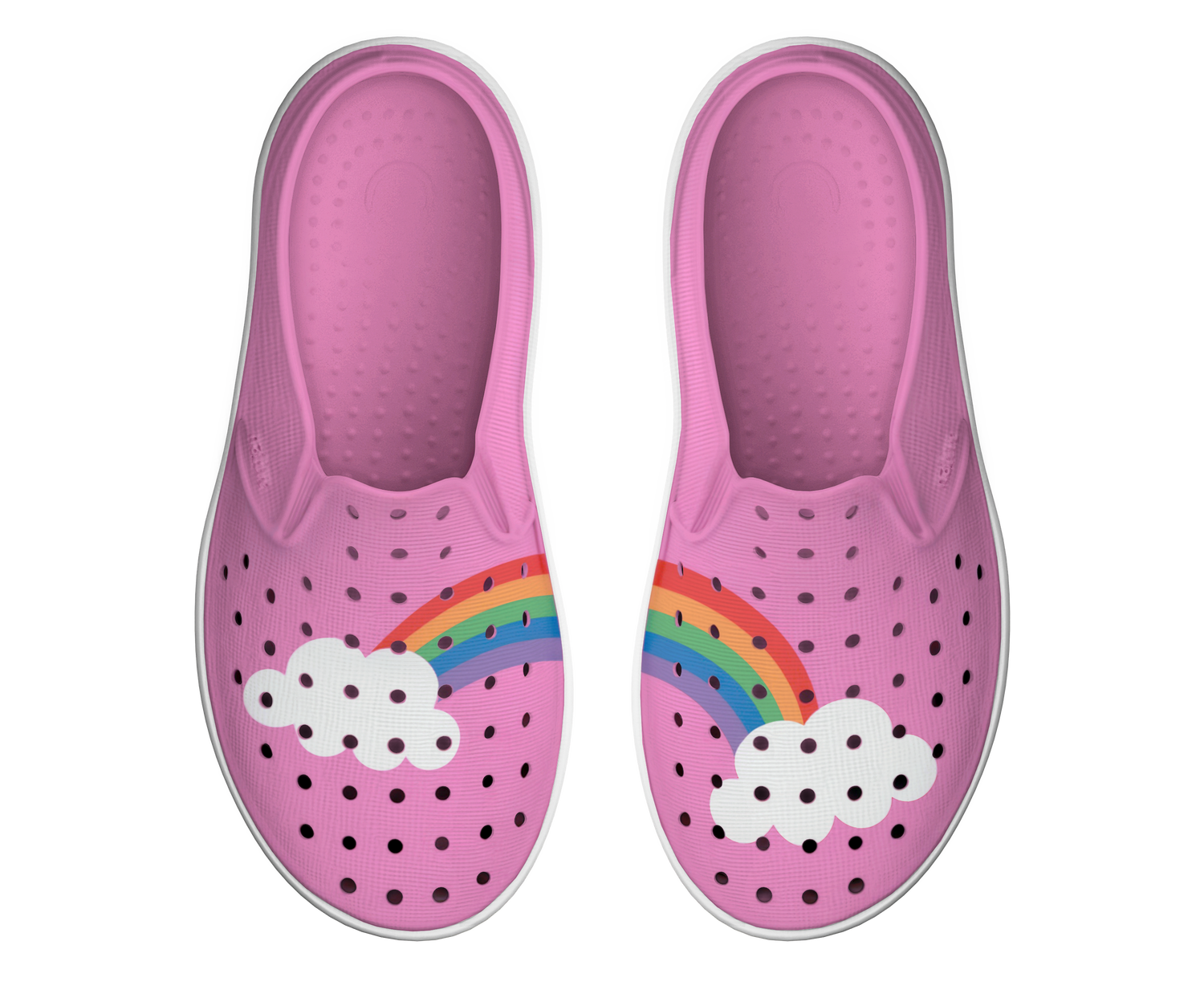 Side view of a Native Shoes Kids Miles Block Kids Footwear in Malibu Pink / Shell White / Rainbow Block