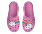 Side view of a Native Shoes Kids Miles Block Kids Footwear in Malibu Pink / Shell White / Rainbow Block