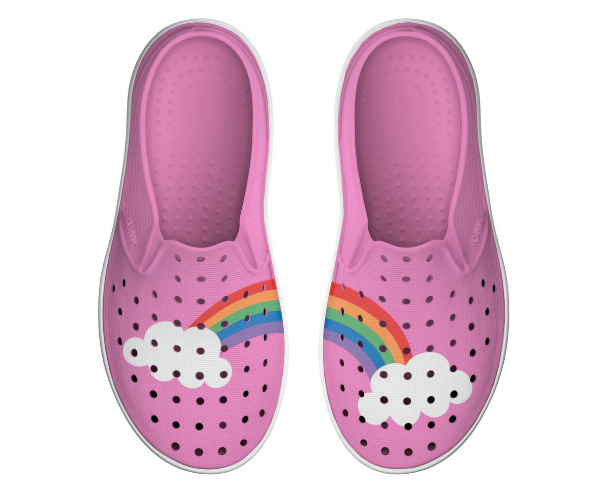 Side view of a Native Shoes Kids Miles Block Kids Footwear in Malibu Pink / Shell White / Rainbow Block
