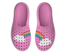 Side view of a Native Shoes Kids Miles Block Kids Footwear in Malibu Pink / Shell White / Rainbow Block