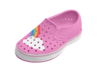 Angled view of a Native Shoes Kids Miles Block Kids | Malibu Pink / Shell White / Rainbow Block Footwear in Malibu Pink / Shell White / Rainbow Block
