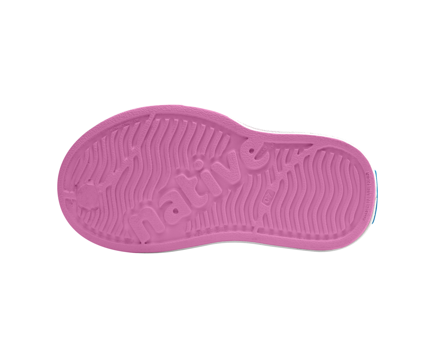 Bottom view of a Native Shoes Kids Miles Block Kids | Malibu Pink / Shell White / Rainbow Block Footwear in Malibu Pink / Shell White / Rainbow Block