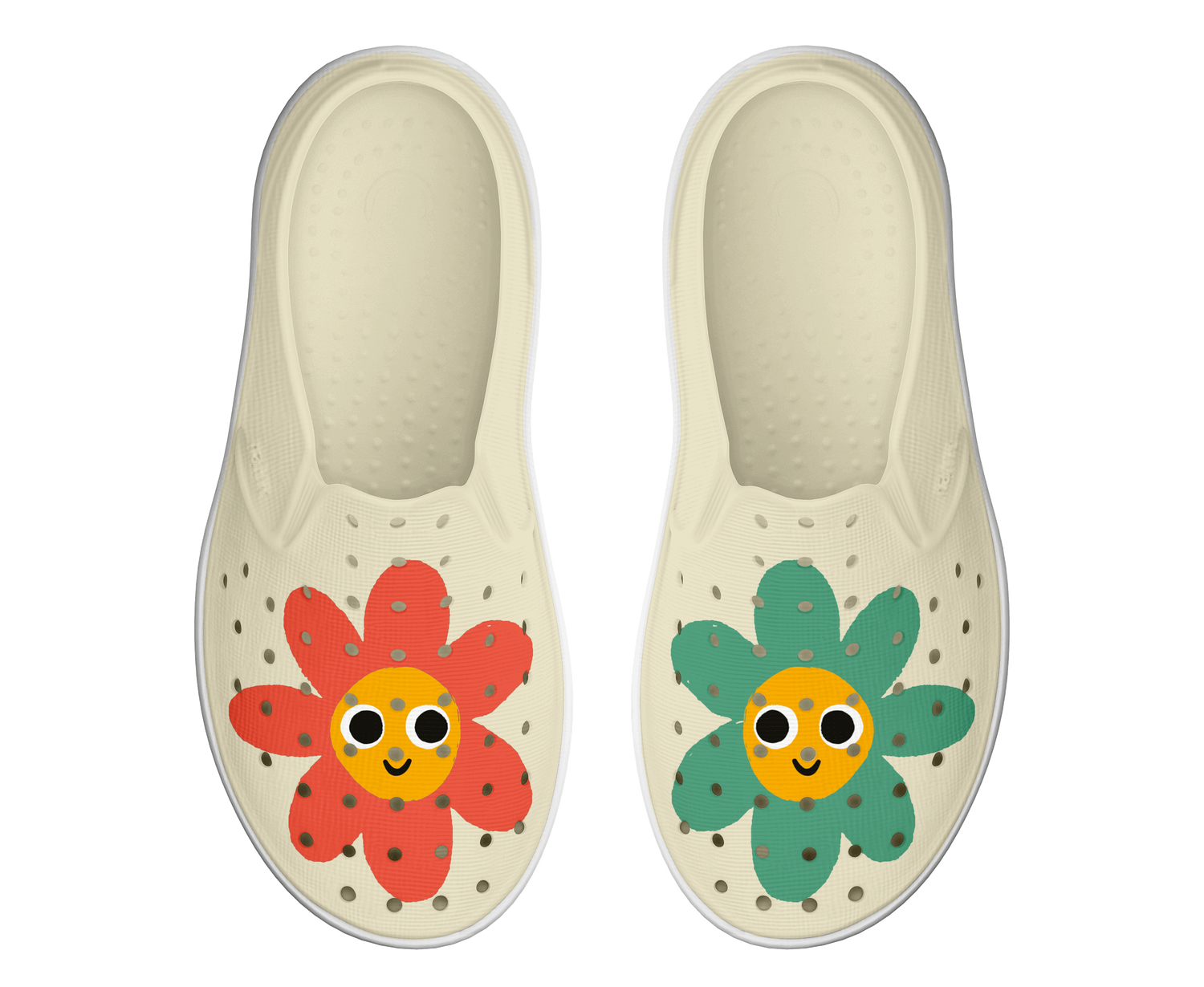 Side view of a Native Shoes Kids Miles Block Kids Footwear in Bone White / Shell White / Happy Flower Block
