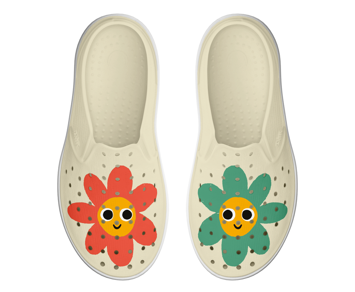 Side view of a Native Shoes Kids Miles Block Kids Footwear in Bone White / Shell White / Happy Flower Block