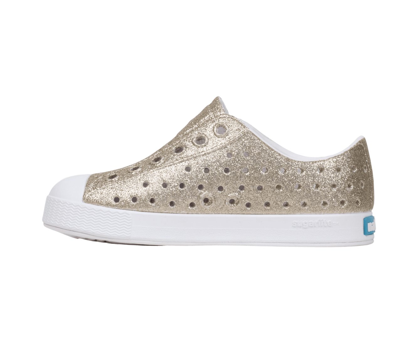 Angled view of a Native Shoes Kids Jefferson Bio-Bling Kids | Slkblng/Shlwht Footwear in Slkblng/Shlwht