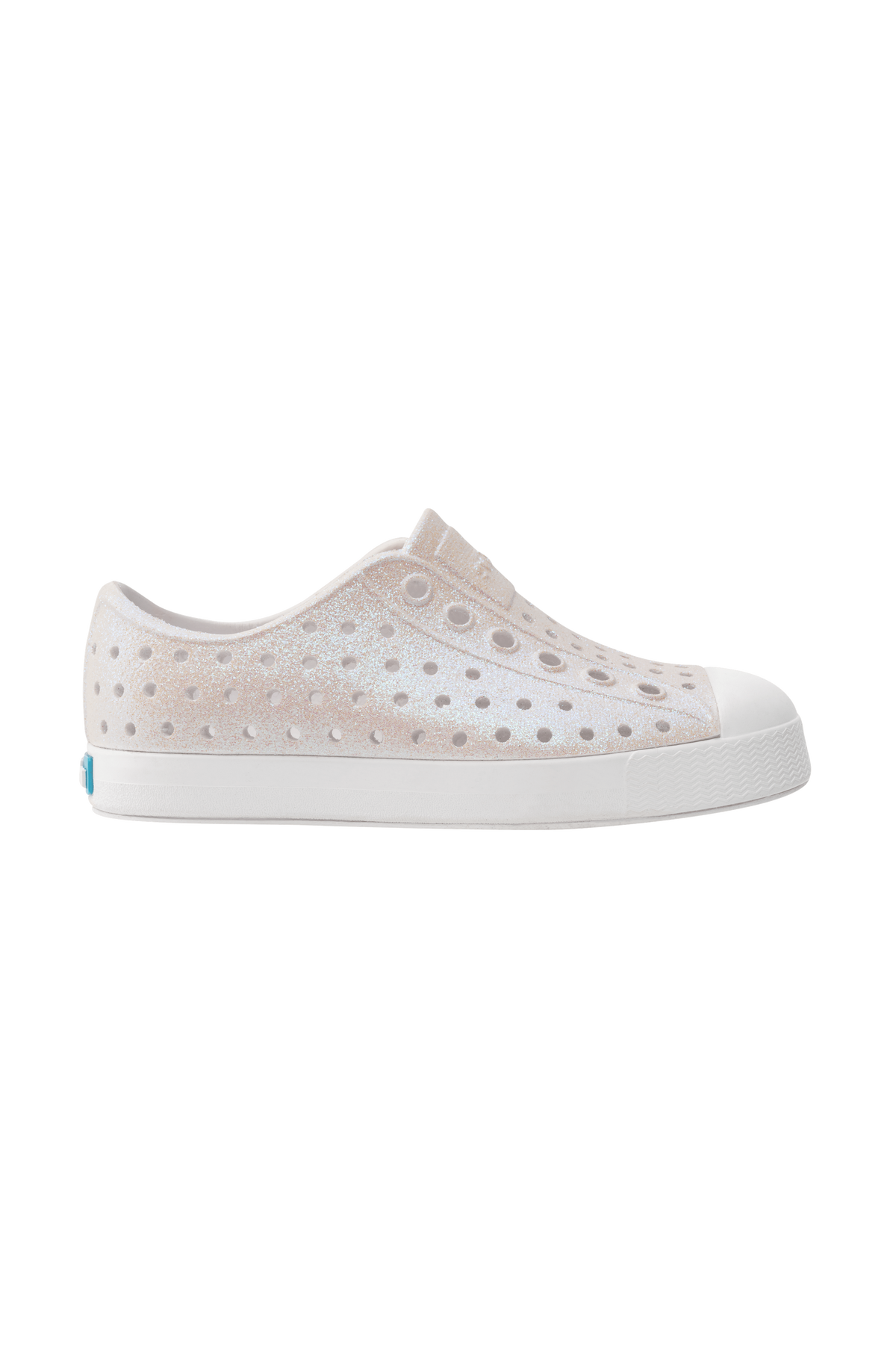 Side view of a Native Shoes Kids Jefferson Bio-Bling Kids Footwear in Shell White Bling / Shell White