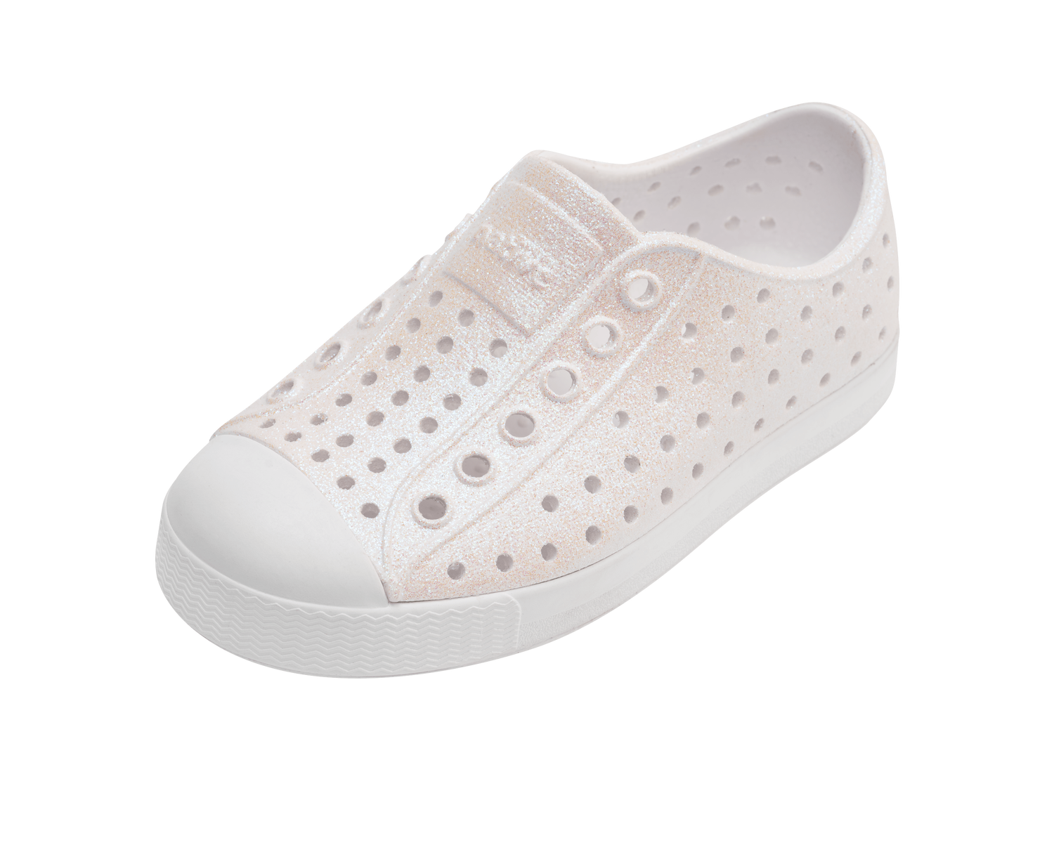 Angled view of a Native Shoes Kids Jefferson Bio-Bling Kids | Shell White Bling / Shell White Footwear in Shell White Bling / Shell White